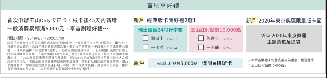 玉山Only卡首刷禮