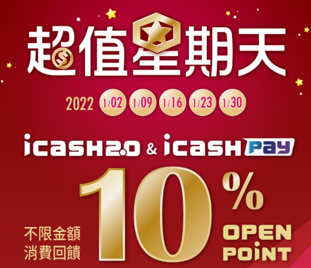 2022年1月份超值星期天 icash攜手16大通路祭出10%回饋
